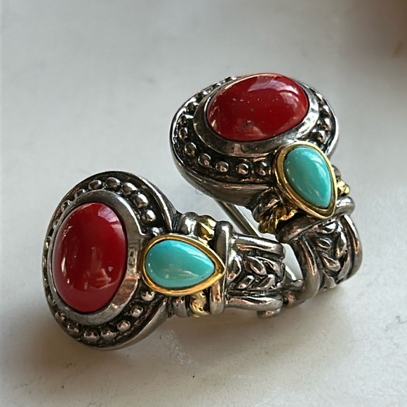 BJC vintage 14k gold and sterling silver turquoise and coral earrings.